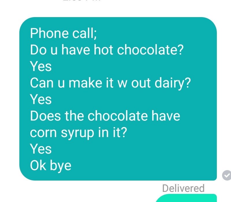 sjbice's tweet photo. #dearcustomer phone call. 
#dairyfree #cornsyrup #hotchocolate #okbye https://t.co/i245Cqz3A0