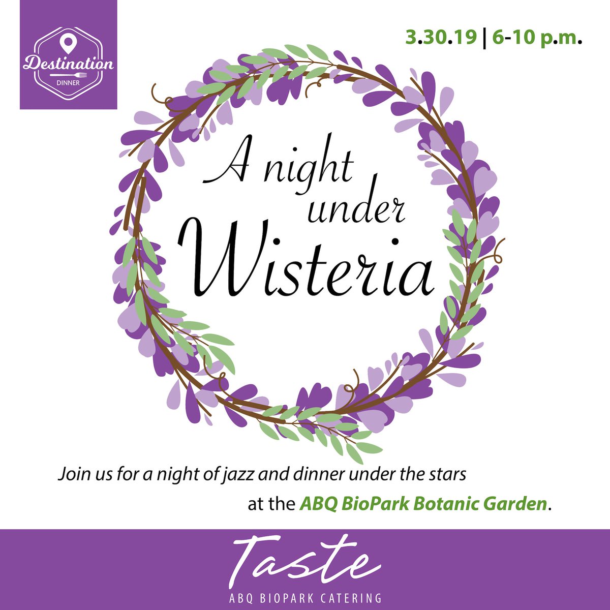 abqbiopark's tweet photo. Join us for an evening of jazz music and dinner under the stars with — A Night Under Wisteria, a #DestinationDinner presented by Taste ABQ BioPark Catering on 3/30 6-10 p.m. RSVP now: https://t.co/YHPdmI39mv #ABQBioPark #BotanicGarden https://t.co/bR3UIP2GQT
