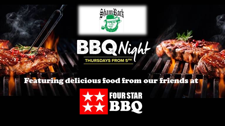LoungeShamrock's tweet photo. Thursday Night BBQ at Shamrock
  Our friends at Four Star BBQ are serving their delicious barbeque every Thur at The Shamrock. Come get a value-priced big plate of premium meat and sides! Serving 6-11pm. Come to Sham on Thur for Q! https://t.co/vTtECZOCly