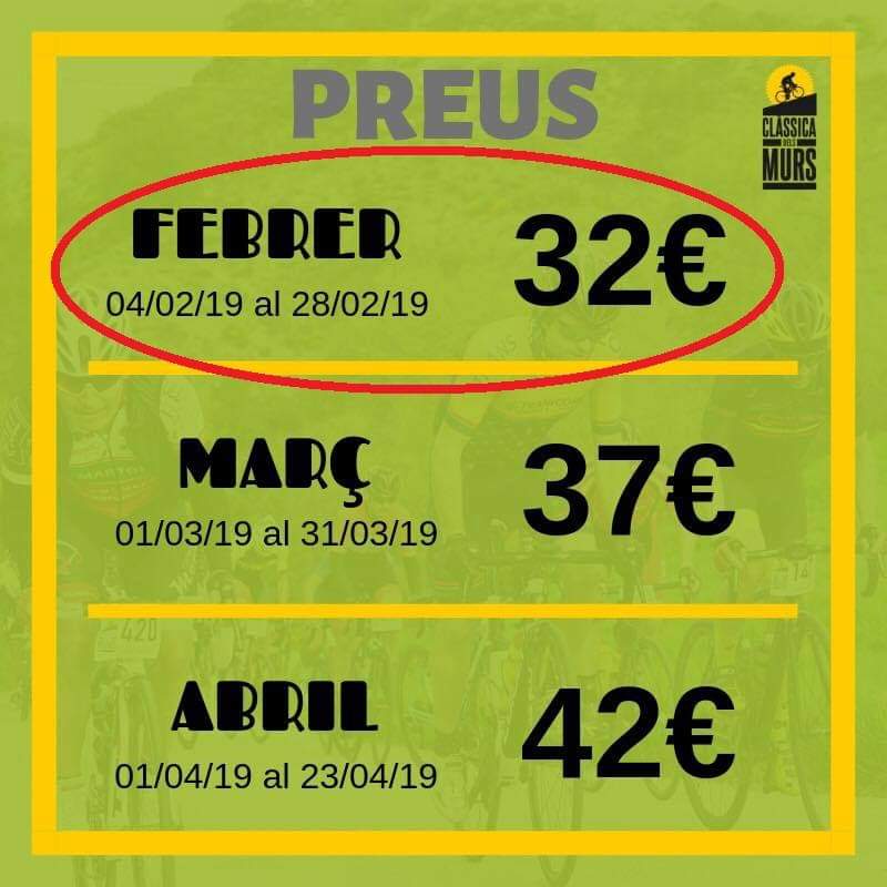 classicamurs's tweet photo. ‼️ RECORDA. Darrers 4 dies per inscriure's a preu reduït. 
#Clàssicamurs2019 https://t.co/OVbHSqoBjN