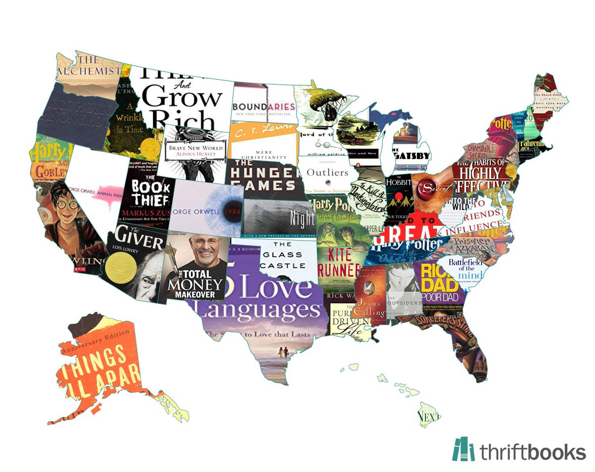 ThriftBooks's tweet photo. Our popular state map is back! See what the most popular book in your state was in 2018 in our visual cover map, and check out your neighbors, too:  https://t.co/Y4v604Cn3E https://t.co/r6XDodhwrJ