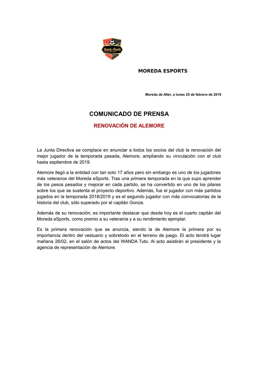 COMUNICADO OFICIAL: Renovación de Alemore #Moreda1yno51