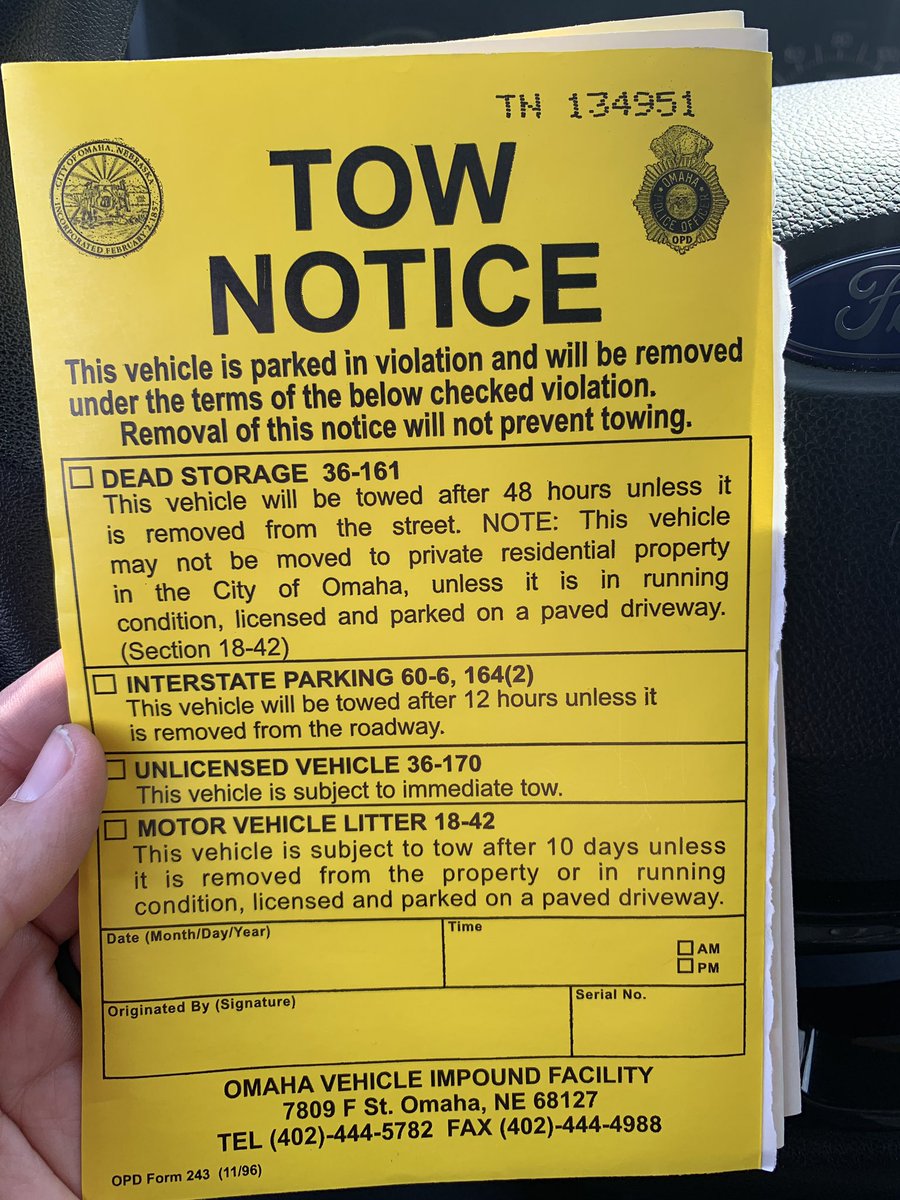 OPDOfcGrobe's tweet photo. There are a lot of these notices going on vehicles at this time! If you have a vehicle that is parked on a city street and hasn’t moved in over 24 hours you might see one of these.  Tow operations are happening in an effort to better clear city streets. #opd https://t.co/aKgPwXiM42