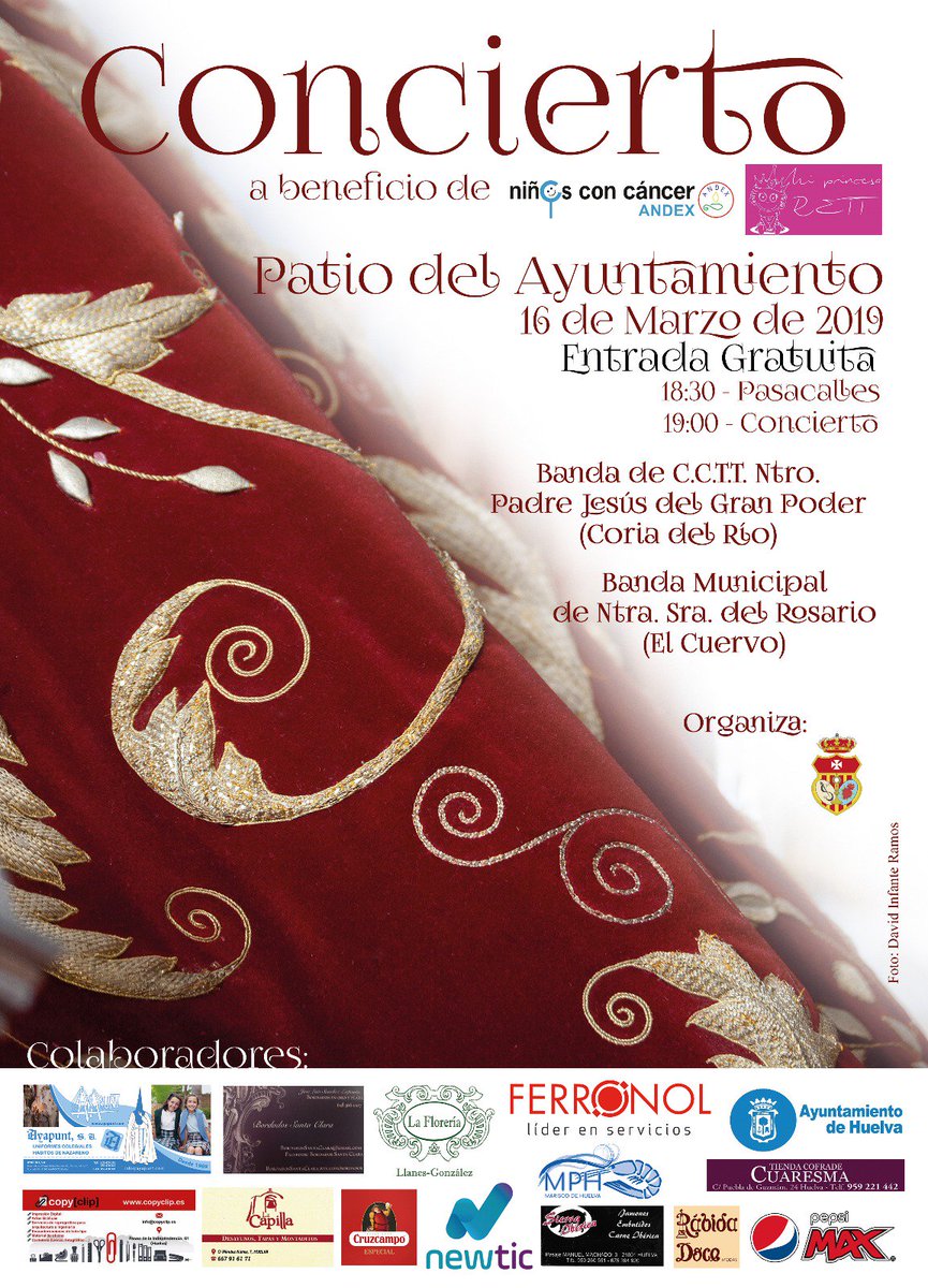 CONCIERTO BENÉFICO | Con motivo de la exposición del manto de salida de María Stma. de los Dolores, la Hermandad organizará un Concierto a beneficio de @AndexSevilla  y <a href="/MiPrincesaRett/">MiPrincesaRett</a> el 16 de marzo, a las 19 h., en el patio del Ayuntamiento de Huelva. La entrada será gratuita