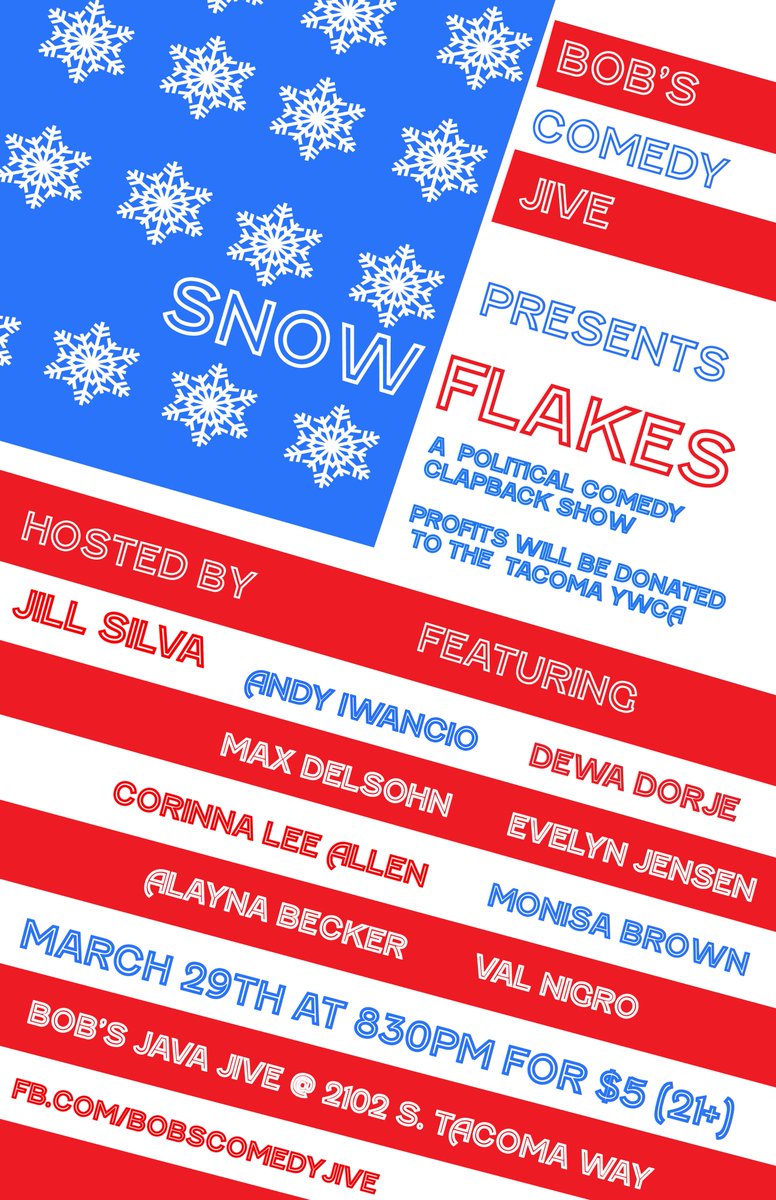 BobsJive's tweet image. We got twitter! Come to our next showcase "Snowflakes" - a response to pro-Trump "hit" "comedy" show :@Deplorableshow at the Pantages Theatre(@broadwaycenter)! Snowflakes welcome! All profits will be donated to @ywcapierceco 
bit.ly/2BTlXun
#comedy #politics #standup