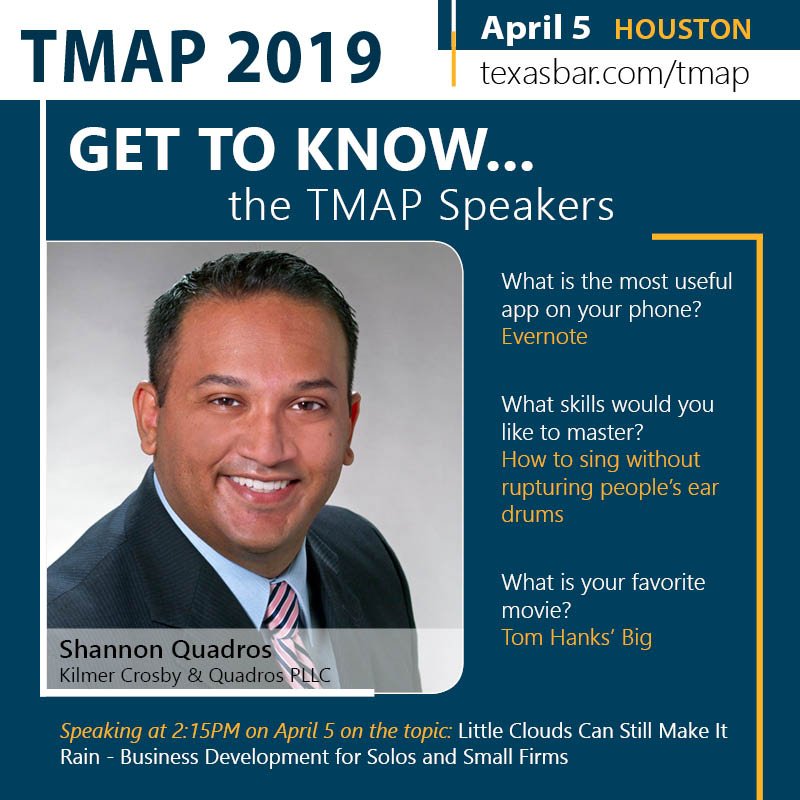 texasbaracd's tweet photo. @shannonquadros will speaking on Business Development for Solos and Small Firms at the #TMAPCLE in Houston on April 5. Register here: https://t.co/gF8kbXH91N https://t.co/UnaWoarZn6