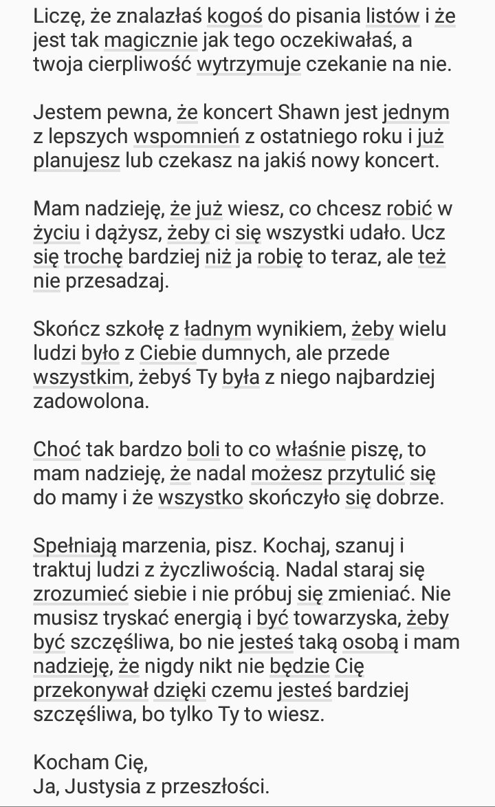stvlessmile's tweet photo. #comebacktomyself
jeśli to kiedyś przeczytasz, ja z przyszłości, to przepraszam Cię, że musisz tak dużo czytać, ale jeden tweet to za mało, żebym napisała ci wszystko, co bym chciała, choć pewnie i tak o czymś zapomniałam. obyś miała teraz lepszą pamięć
miłej lektury, słońce🌻 https://t.co/eLwpBaGFYI