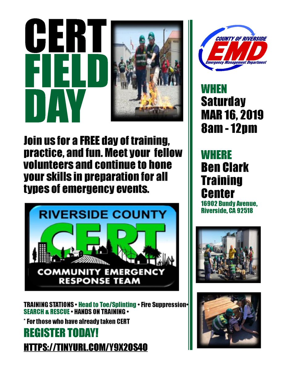 RIVCOCERT's tweet image. EMD is putting on a CERT Field Day at Ben Clark Training Center in Riverside on March 16th. It's FREE and open to anyone who's completed basic CERT training. Register at: TINYURL.COM/Y9X2OS4O. Learn more about CERT at: RivCoCERT.org #CERT #RivCoCERT @RivCoReady