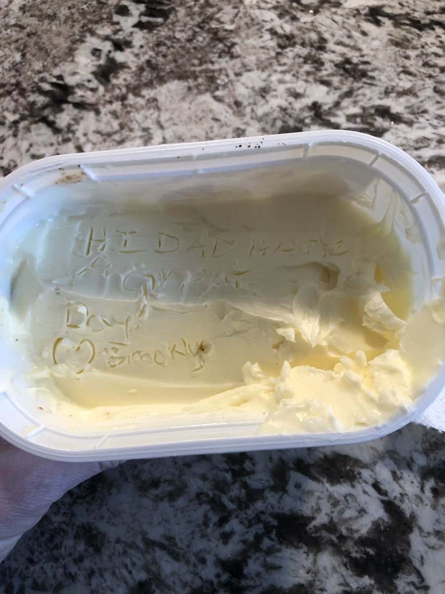 mattporter's tweet photo. My 10 year old daughter left me a note in the butter, obviously buttering me up for something https://t.co/8bfLEjfV17