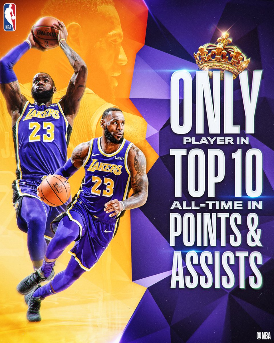 NBA's tweet photo. 👑 @KingJames 👑

The only player in TOP 10 POINTS &amp; ASSISTS all-time! https://t.co/pYGufNuD0E