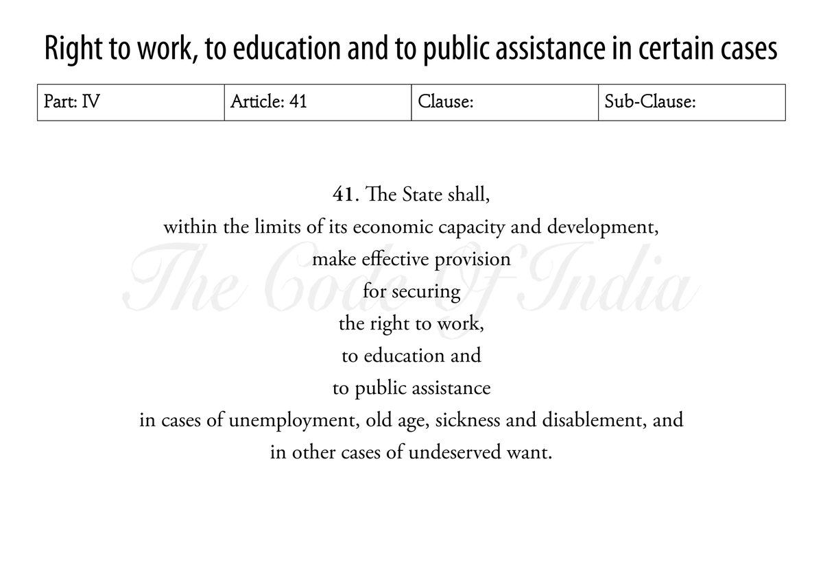 Right to work, to education and to public assistance in certain cases #Article41 #RightToWork #RightToEducation #RightToPublicAssistance #Part4 #DirectivePrinciplesOfStatePolicy #DPSP #DirectivePrinciples #India #TheConstitutionOfIndia #TheCodeOfIndia