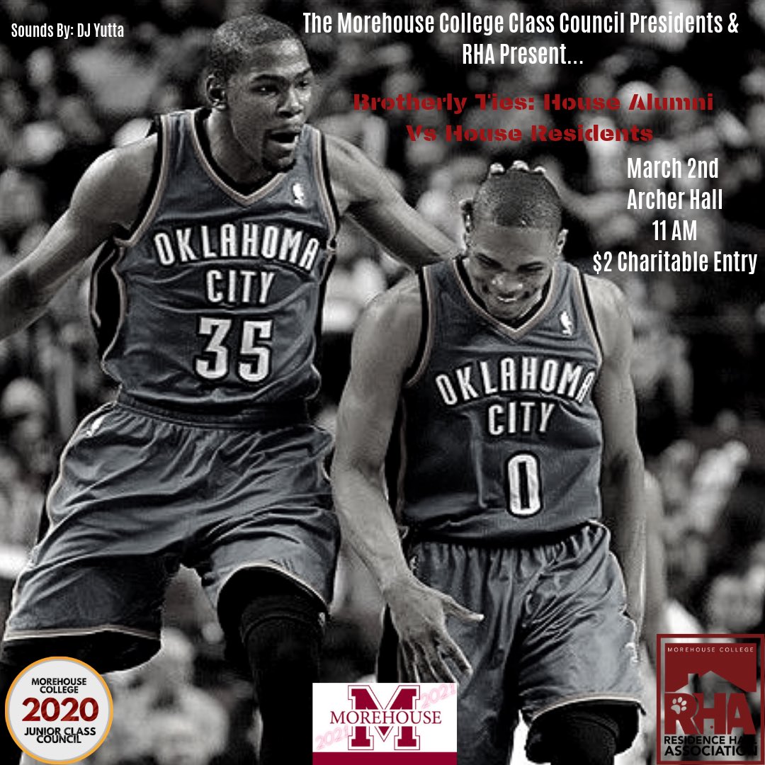 Morehouse2020's tweet photo. In an effort to promote physical fitness and unity between classes 🤝 during National Nutrition Month , your Class Council Presidents and RHA are teaming up for the Brotherly Ties Basketball event 🏀. We look forward to seeing you all on Saturday ‼️ https://t.co/zIluuBgwjN