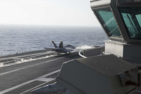 Sharpening the sword:  An F/A-18F from the 'Jolly Rogers' of VFA-103 launches from the deck of @CVN_72  #NavyLethality #jollyrogers #vfa103 #cvw7
