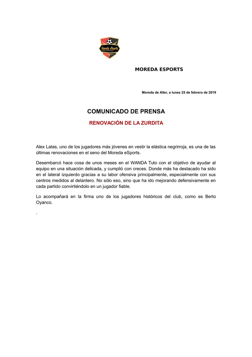 COMUNICADO OFICIAL: Renovación de la zurdita #Moreda1yno51
