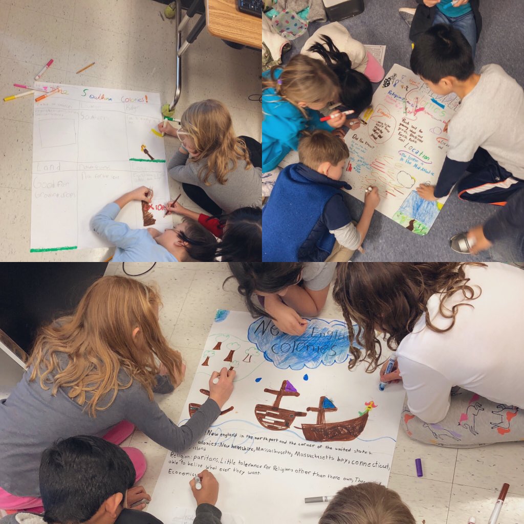 MrsWinklmann's tweet photo. Students are creating anchor charts that show all their hard work from researching one of the 3 regions of Colonial America! #winklmannswonders #jigsawactivity https://t.co/b7KwDfKSGx