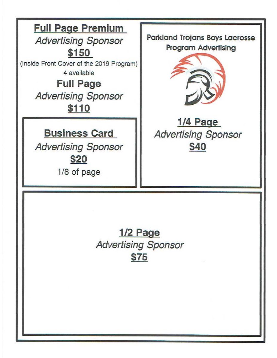 Would you like to advertise your business in the 8 1/2 x 11 full color Parkland HS Boys Lacrosse Program? Just let me know if you are interested! Deadline for advertising submission is March 17 in order to get to print! Thanks for considering! Feel free to share!
