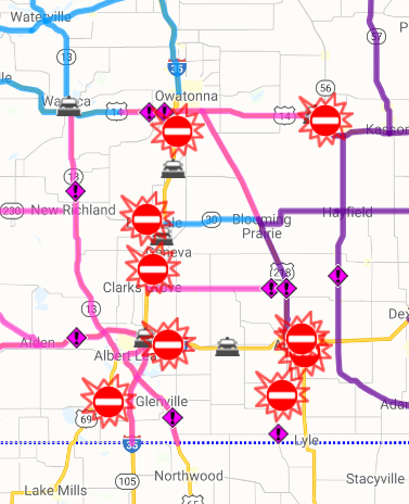 mndotsoutheast's tweet photo. Traffic alert: Interstate 35 south of I-90 in Albert Lea is open, so are northbound lanes of I-35 between Albert Lea and Owatonna. Southbound I-35 remains closed between Owatonna and Albert Lea due to snow drifts and icy conditions. #MnDOT https://t.co/MEmqELpVHX #511MN https://t.co/aePbd9EF94