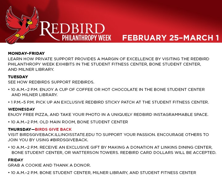 Various events will be taking place Monday through Friday to help celebrate this amazing week of generosity that helps bring excellence to Illinois State University. Find one that fits your schedule and help us say thank you to our amazing donors.