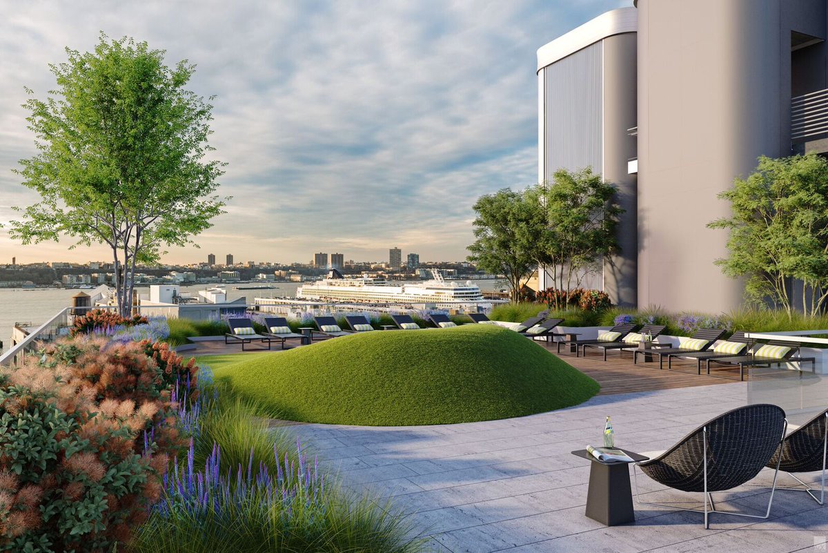HMWhiteSA's tweet photo. The Oskar building on 11th Avenue as pictured in this beautiful rendering showing our synthetic turf mound and seating areas overlooking the Hudson River is open and selling out quickly. HMWhite was lucky to be part of this great team of consultants. #hmwhite #landscapearchitect https://t.co/CB0UrYe5ZE