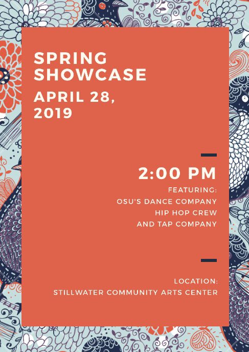 OSUDance_co's tweet photo. Our spring showcase is coming up soon! Sunday, April 28 at 2:00 PM at the Stillwater community arts center. More details coming soon! https://t.co/yPgGNe0OyE