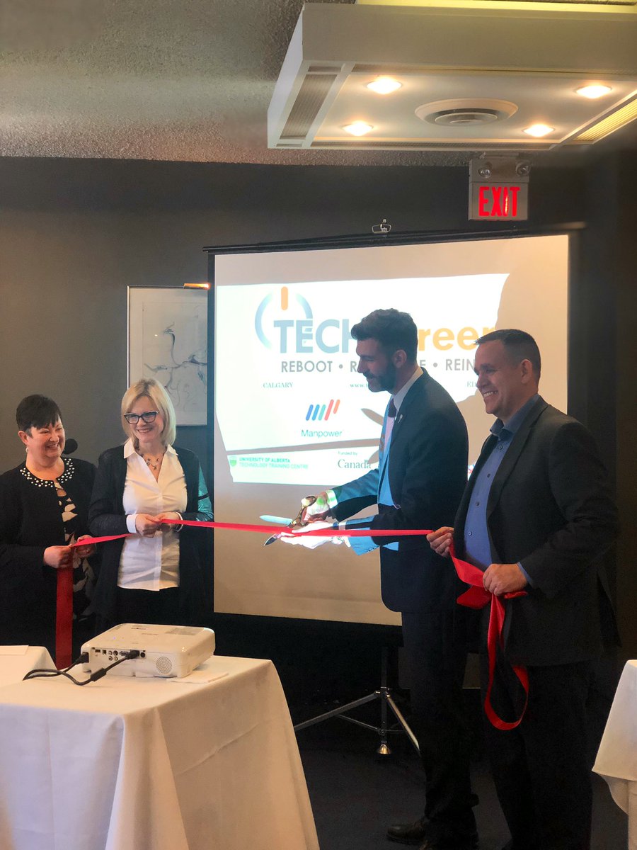TechCareersAB's tweet photo. Mayor @doniveson cutting the ribbon with our partners from @sait, @UAlberta. #yegTECHCareers @ManpowerAB https://t.co/gHo7XqIurz