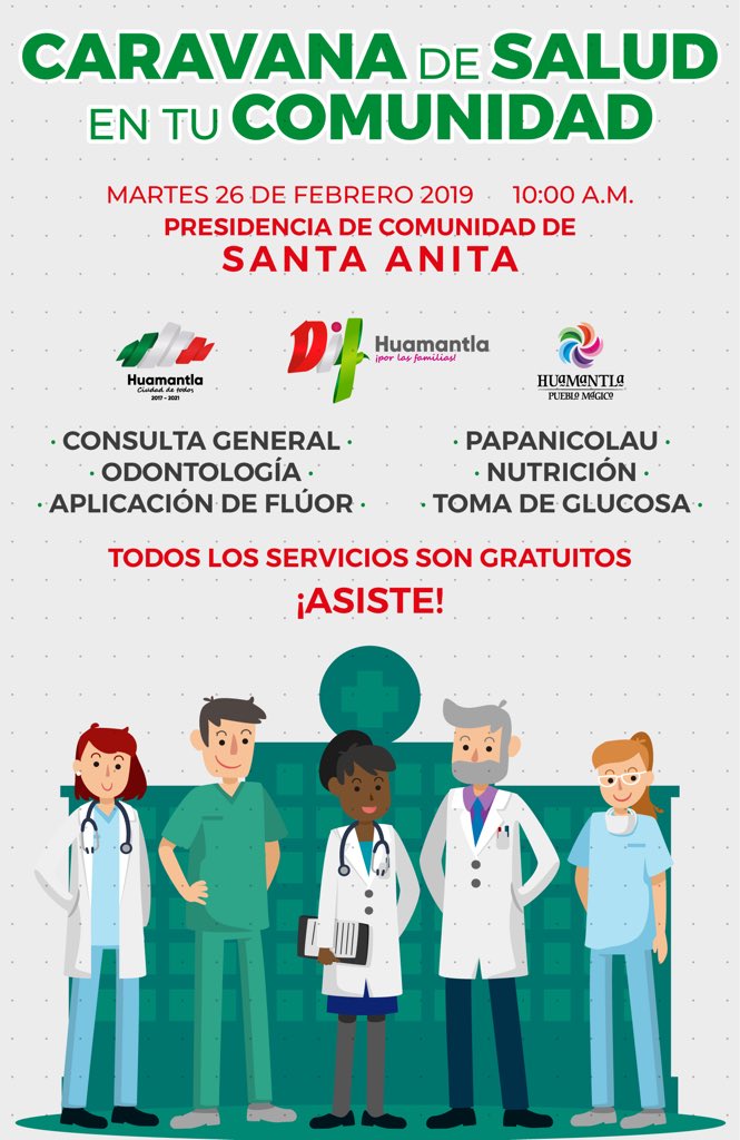 Invitamos a todos los habitantes del Barrio de Santa Anita y sus alrededores, a asistir a la “Caravana de Salud en tu Comunidad”

👨‍⚕️ Consulta general
👩‍⚕️ Odontología
👨‍⚕️ Papanicolau
👩‍⚕️ Nutrición
👨‍⚕️ Toma de glucosa
👩‍⚕️ Aplicación de flúor

Todos los servicios son GRATUITOS
#Huamantla
