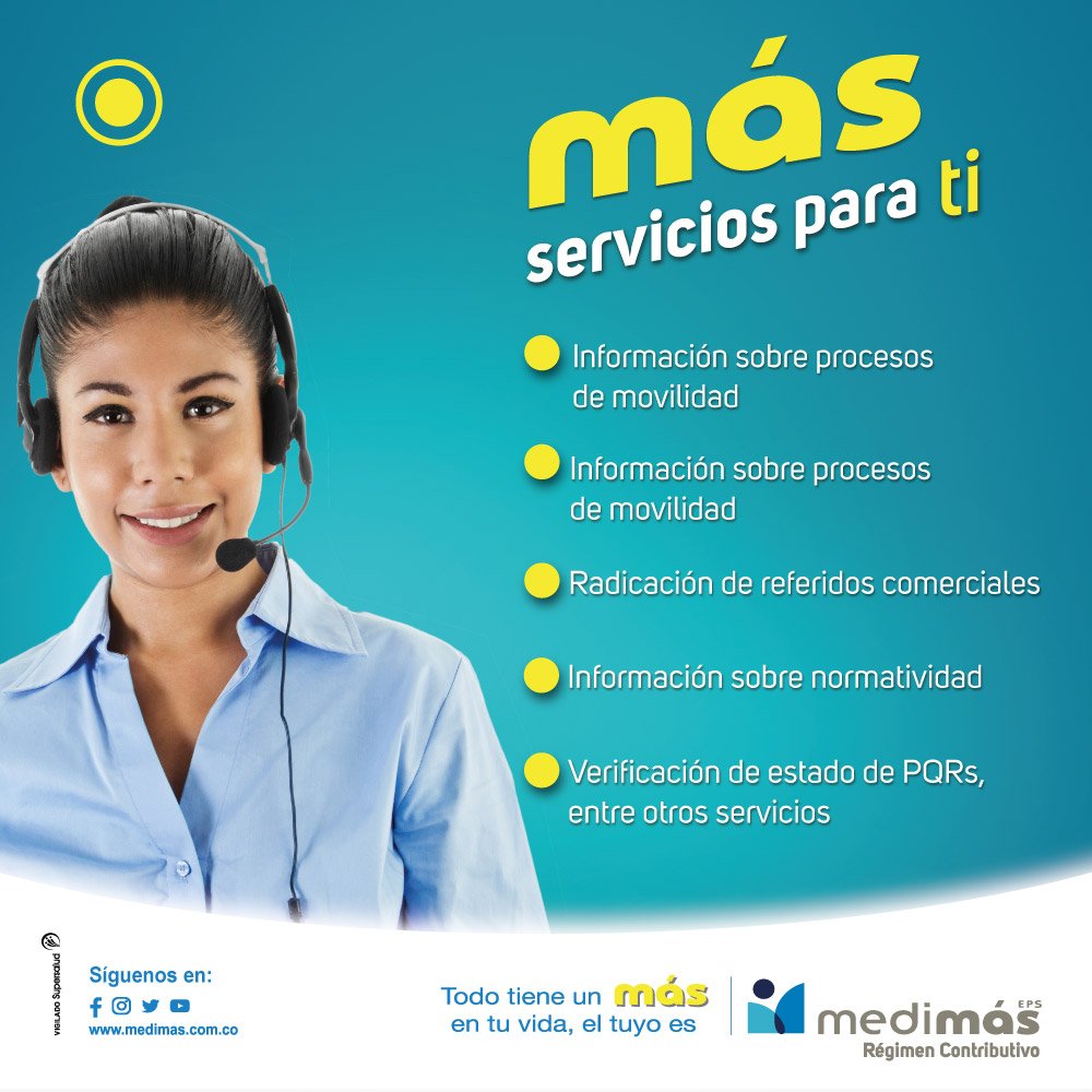 Medimás EPS على تويتر: "Llama a nuestro call center y aprovecha los beneficios que Medimás EPS tiene para ti. Línea de atención nacional 018000120777 o en Bogotá 6510777 #MedimásEPSSíResponde… https://t.co/cJSpVzcD8V"
