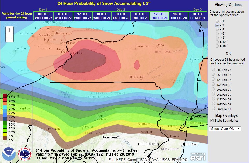 onwithjohnwx's tweet image. This Wednesday system is gonna be a real drag.  Map shows percent chance for AT LEAST 2" of snow.  Look how sharp that north/south gradient is.  25 mile shift is the difference between your backyard picking up a couple inches... or nothing at all.  #ForecastingNightmare