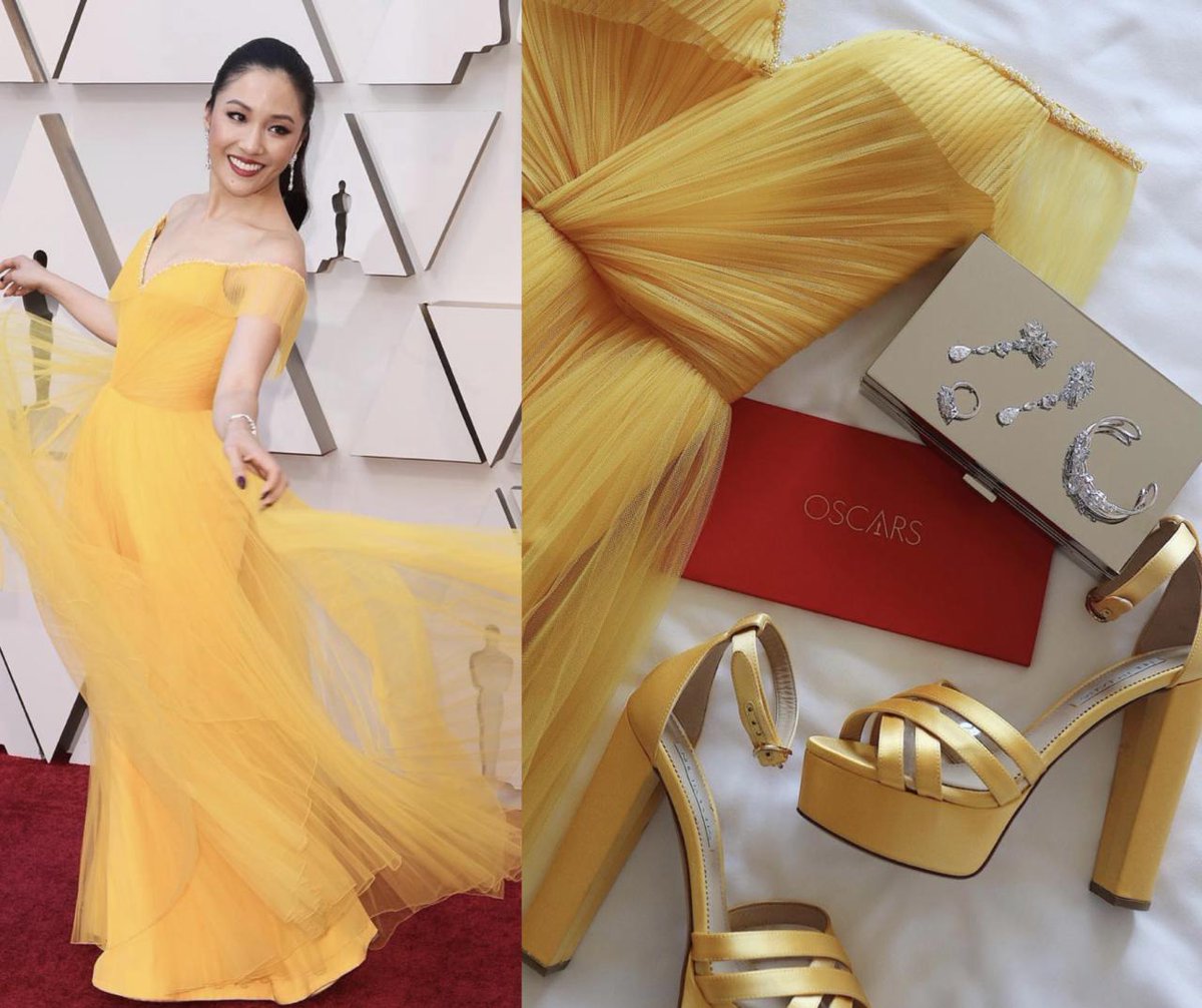 Hello yellow! Thrilled to see #constancewu wearing our Sofia platform sandals in satin to the #Oscars tonight. Huge thanks to <a href="/micaela/">Micaela</a> for including us in this heavenly look. 🙌🏻🙌🏻🙌🏻🍾 #Repost <a href="/micaela/">Micaela</a>