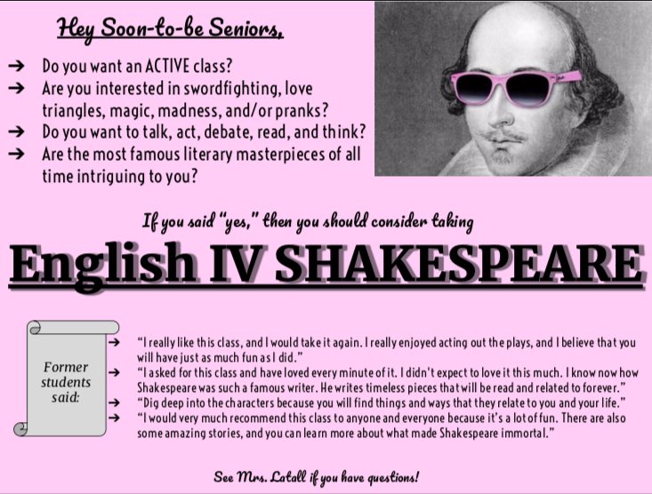 LauraLatall's tweet photo. JUNIORS: I invite you to take Shakespeare next year! I think youβll have a lot of fun! ππβοΈπ‘π°π―βοΈπ‘β°οΈπ§ͺπππ (Yes, all of these emojis are very relevant!) @KevinGLowery #lhsbuzz @JacketsLibrary @jacketcounselor https://t.co/sSXoMKmeT5
