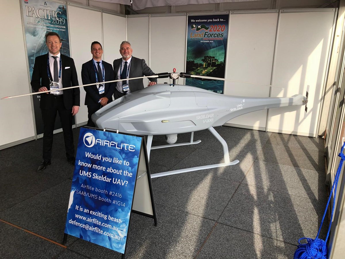 UMSSkeldar's tweet image. #Avalon2019 kicks off with our very own David Willems (left) showcasing our full scale mock-up of the SKELDAR V-200 with Kris Constantinides (middle) &amp;amp; Stephen Murphy (right) of partner Airflite. For more info visit the Saab booth 1G14 or the Airflite booth 2A19 and ask for David