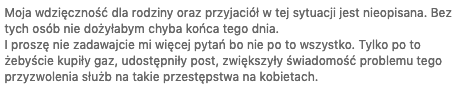 Szanuję jak pojebana dziewczynę, która opisała tę historię publicznie na swoim facebooku. Ostatni akapit mnie zmiażdżył. 

Gratulacje dla <a href="/PolskaPolicja/">Polska Policja 🇵🇱</a>, jak zawsze stanęliście na wysokości zadania i dołożyliście kolejną cegłówkę do niezglaszania przemocy przez kobiety