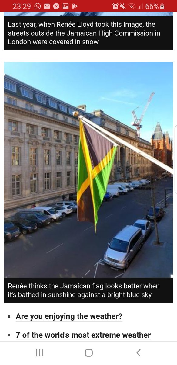 All of my gushing about the wonderful weather has landed me my first spot in BBC news article. Always lovely to see our beautiful #JamaicanFlag on display 🇯🇲☀️❄ | BBC News - UK basks in warmest February day on record  bbc.co.uk/news/uk-473609…
