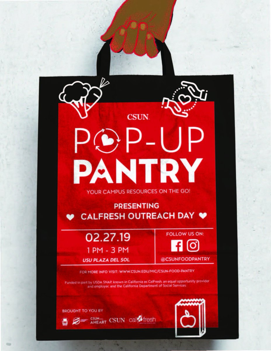 CSUN_SH's tweet image. The first CSUN Pop-Up Pantry of the semester is this Wednesday, February 27 from 1:00 – 3:00 p.m.  in the USU’s Plaza Del Sol.  The pantry is open to all CSUN students! #csun #csunstudents #csunstudenthousing #csunmatadors #csunlife