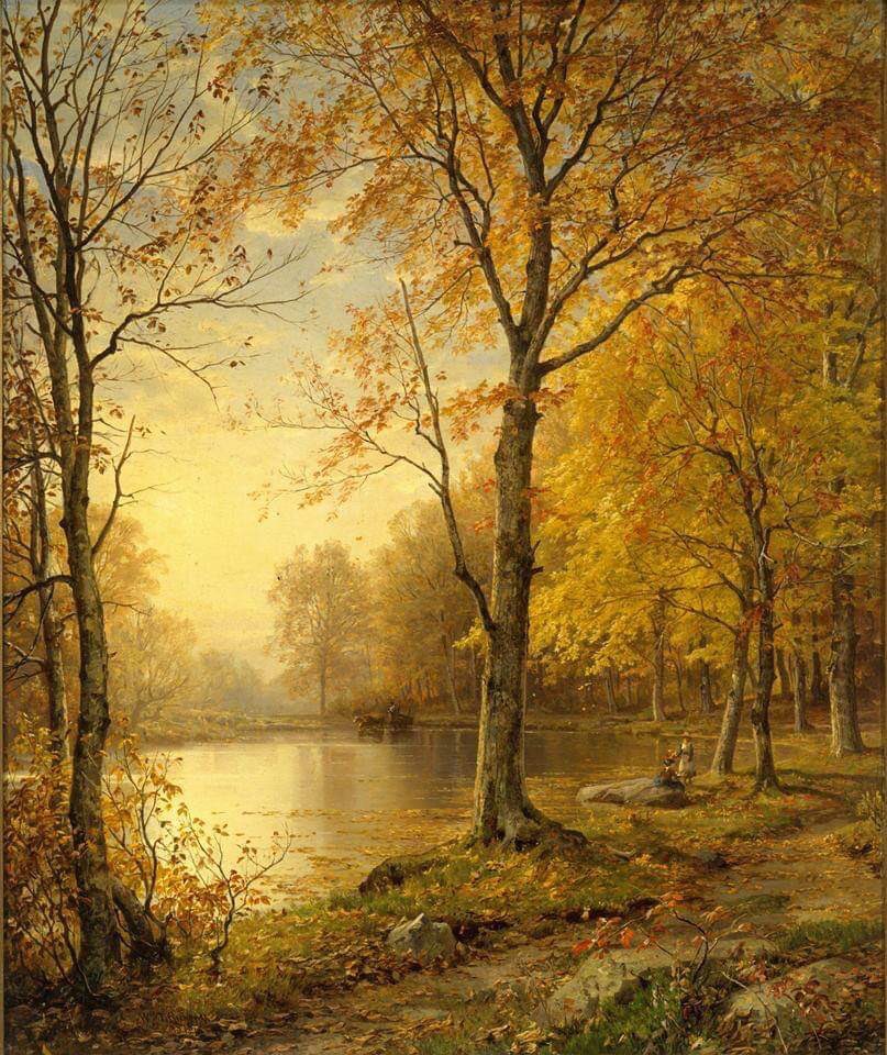 #HistoryofPainting William Trost Richards (November 14, 1833 – November 8, 1905) was an American landscape artist. He was associated with both the Hudson River School and the America  Pre-Raphaelite movement. #TheFreeExhibition Current location: @metmuseum 'Indian summer', 1875