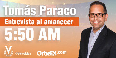 orbeex's tweet photo. Este martes #26Feb nuestro CEO, Tomás Paraco, estará presente en #EntrevistaAlAmanecer, conversando con Barbara Crespo sobre #OrbeEX y sus nuevos proyectos para 2019.

¡No te pierdas la entrevista! La cita es a las 5:50 AM por @Venevision https://t.co/nhqhmIX4AY