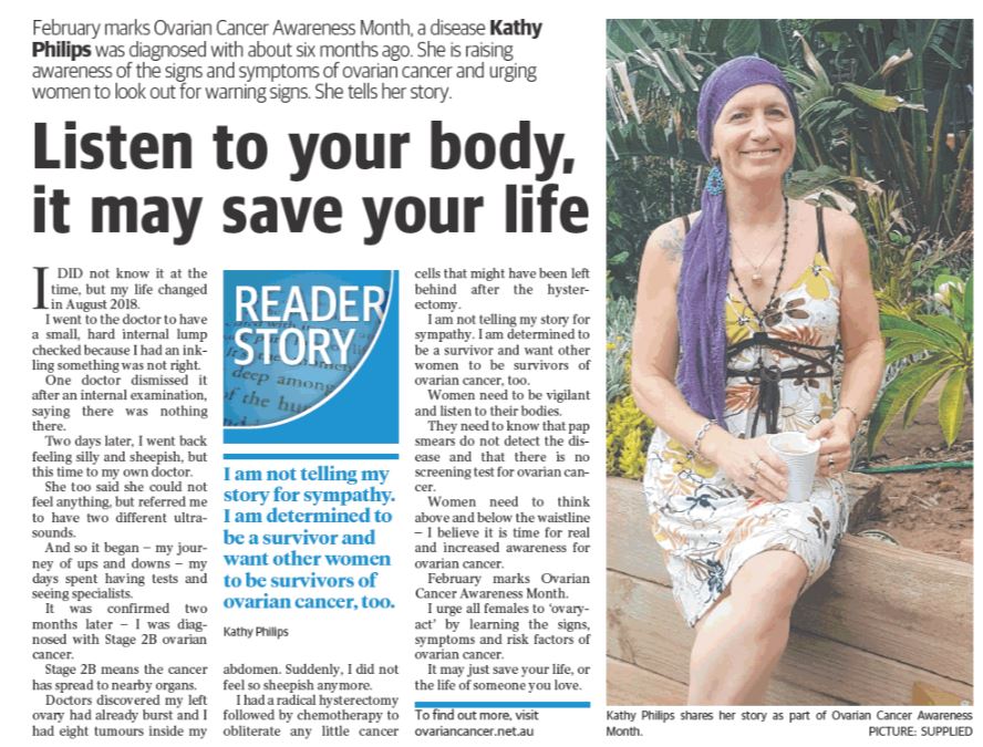 OvarianCancerOz's tweet photo. "I am not telling my story for sympathy. I am determined to be a survivor and want other women to be survivors of ovarian cancer too." Kathy Phillips is raising awareness of the signs and symptoms of ovarian cancer. She tells her story to Adelaide's Hills Valley Weekly #OCAM2019 https://t.co/xp2w8yh9qH