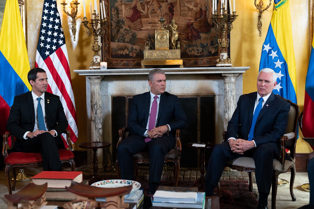 VP45's tweet photo. Thank you President @IvanDuque for hosting the successful Lima Group Summit. We will stand with the people of Venezuela &amp; our allies in the region until libertad is restored. Thank you, @JGuaido for meeting with me in this critical moment in the nation of Venezuela. https://t.co/JiYUdObaef