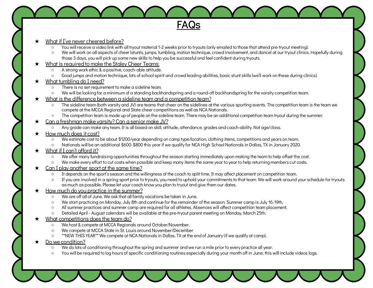 Missed out on the 8th Grade Activity Night? Here’s the flyer with all of our 2019-2020 season details! Come be apart of the 3x State Champion Staley Cheer Team! 💚🐣🎀#StaleyStrong