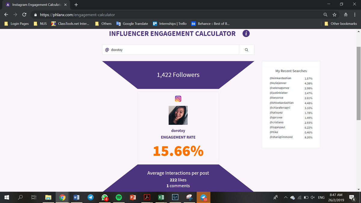 dorotxy's tweet photo. Class was pretty interesting today, where the topic of social media and influencer marketing was discussed. Used Phlanx to calculate my Instagram engagement rate! #COMM464 https://t.co/jhDGnMPLCx