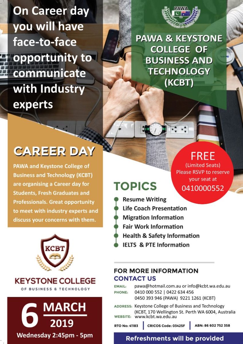Join us for Career Day on 6th March.  More info: buff.ly/2Xk3kJg 
#careeradvice #careerday #internationalstuents #perthstudents #eastperth #kcbt #keystonecollegeperth