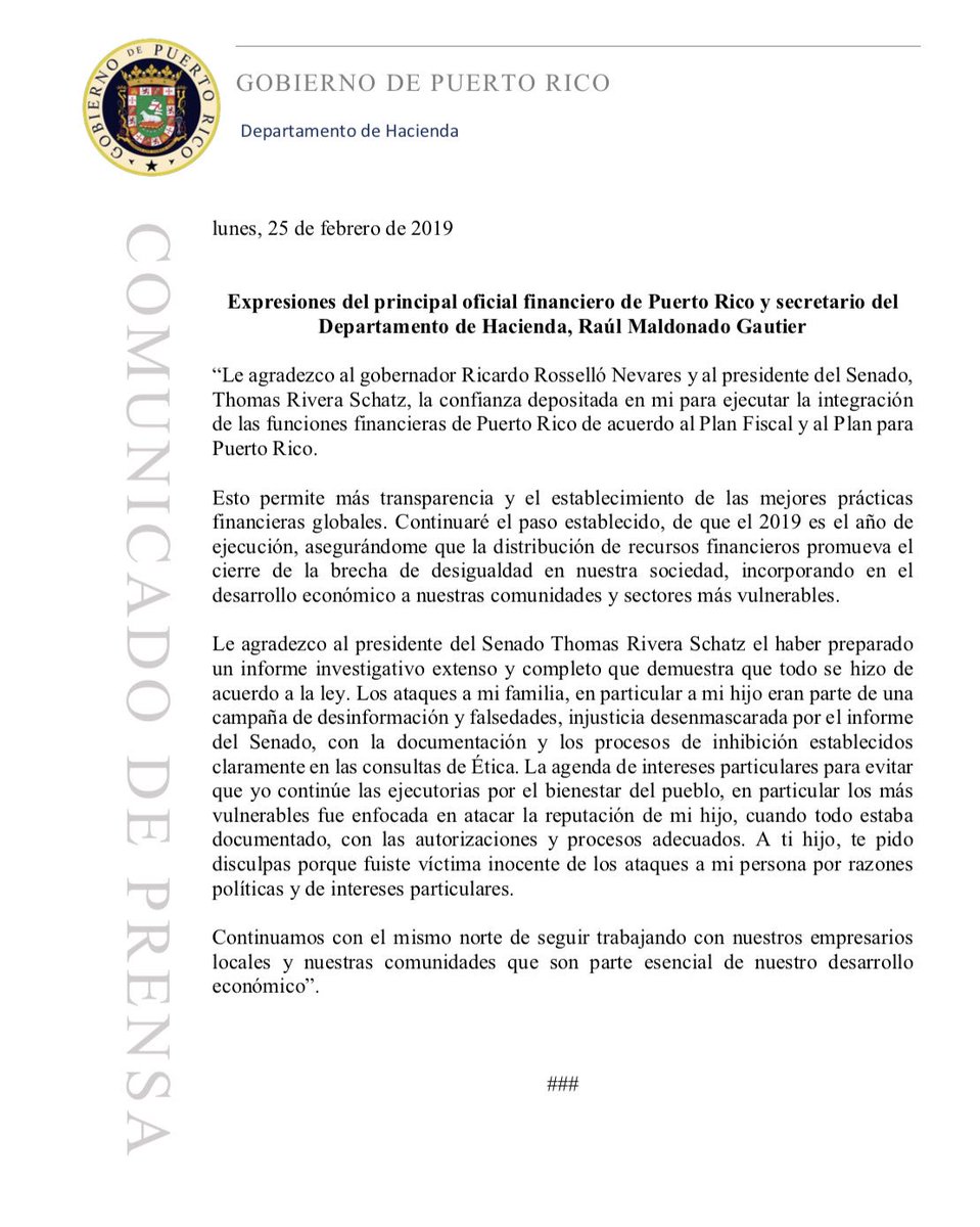 RMaldonadoCFO's tweet photo. Le agradezco al gobernador @ricardorossello y al presidente del Senado @SenadoPR @trschatz51 la confianza depositada en mi para ejecutar la integración de las funciones financieras de Puerto Rico de acuerdo al Plan Fiscal y al Plan para Puerto Rico. https://t.co/umcHtwyq7r