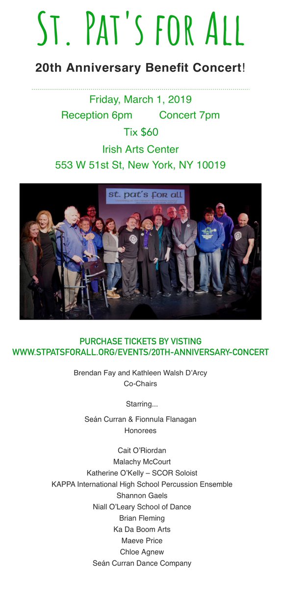 Celebrate St. Pat's for All's 20th Anniversary! Join us at our Benefit Concert on Friday, March 1, 2019. Actor Fionnula Flanagan, Dancer &amp; Choreographer Seán Curran, Cait O'Riordan (formerly of the Pogues),.many more! Tickets $60. Visit  stpatsforall.org/events/20th-an… … to buy tickets.