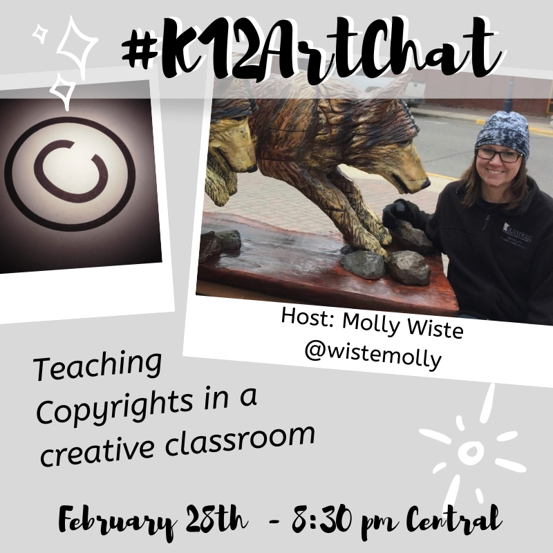 creativitydept's tweet image. Join #K12ArtChat this week as our guest host will be @WisteMolly as she talks abt the importance of teaching copyrights in a creative classroom! #CreativelyConnectedEDU @NAEA @NAEAMiddleLevel @TXarted