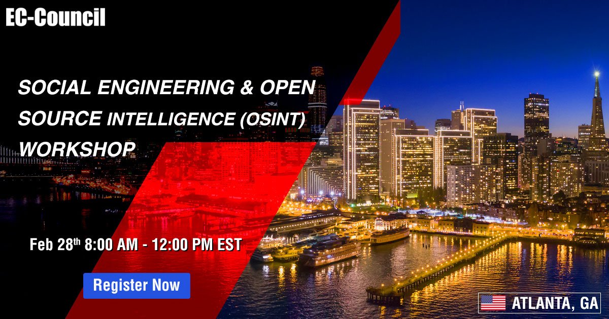 ECCOUNCIL's tweet photo. This is a half-day conference that will have workshops on social engineering, open source #intelligence gathering (OSINT) and ethical hacking. 

Register for the upcoming training on 28th Feb: https://t.co/gCi9v4POLK  

#cybersecurity #infosec #IntelligenceWorkshop #eccouncil https://t.co/VU6lEUMIAw