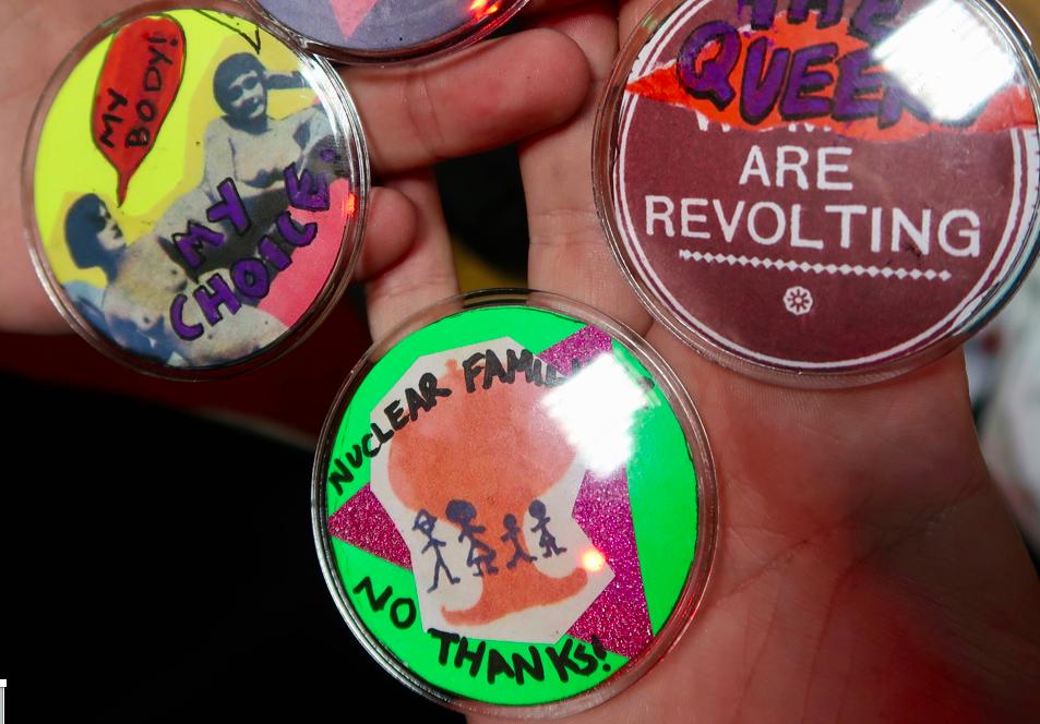 Badges can be palimpsests of queer feminist herstory. Layering archive material to queer the meaning of historical feminist campaign slogans. #FeministFutures imagining queer kinship, bodily autonomy and revolution! Thanks @SpaceDorset #LGBTHM19 #LGBTHistoryMonth