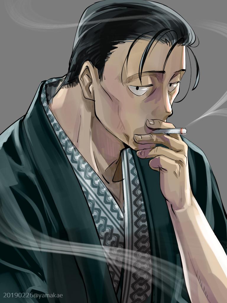 1boy male focus smoking cigarette black hair japanese clothes solo  illustration images