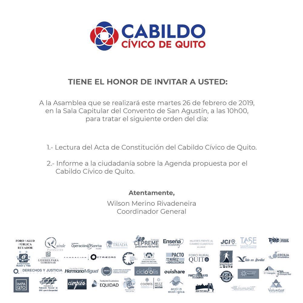 El día de mañana más de 100 organizaciones de la sociedad civil  y sector social darán forma al primer #cabildocívico de #Quito . Una instancia de participación de carácter consultivo, propositivo  y de control social , de la gestión municipal