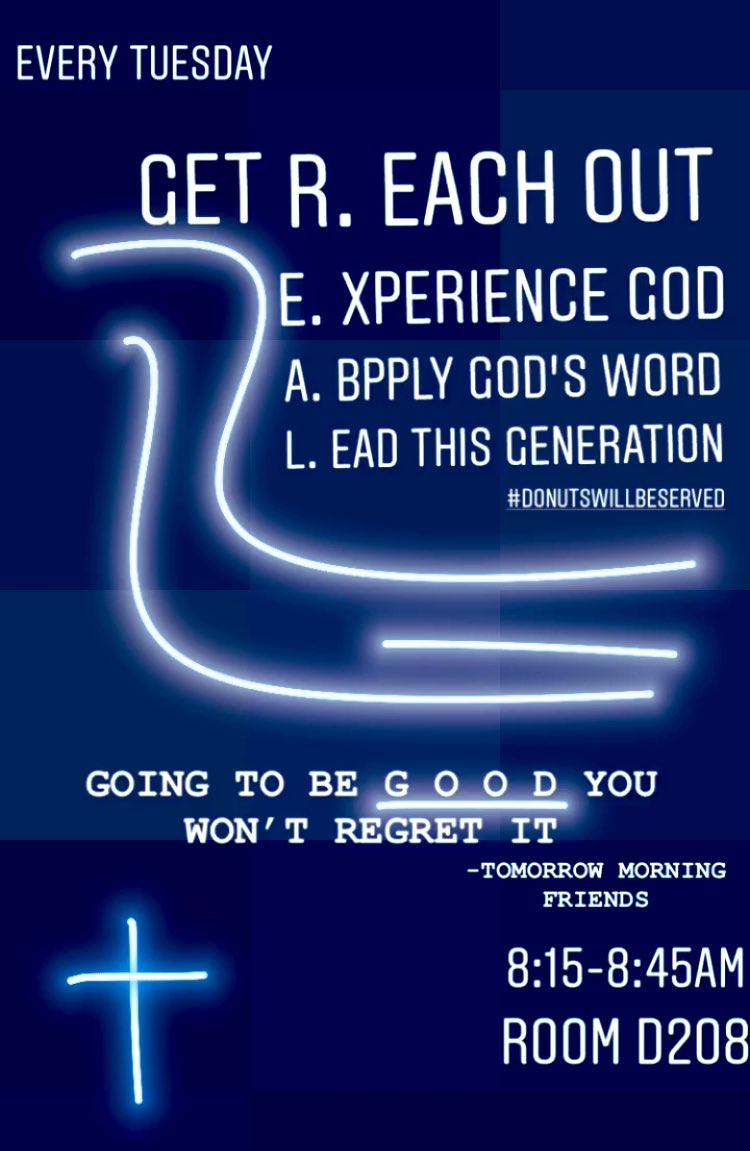 GetREAL_7's tweet photo. Come to Get R.E.A.L @VMHSEagles where you can
R.EACH OUT
E.XPERIENCE GOD
A.PPLY GOD’S WORD 
L.EAD THIS GENERATION 

An amazing time where you can start your week with a positive mind and not let negative thoughts defeat you! You won’t regret it! #Godisgood https://t.co/kZ2CqIelkh