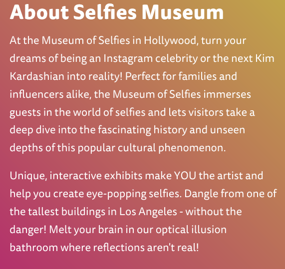 lexlanham's tweet photo. there is a museum of selfies in los angeles and it bills itself as "perfect for families and influencers alike" &amp; offers visitors the chance to "literally step into a painting by vincent van gogh!" @selfiesmuseum https://t.co/X803VJ0ISU https://t.co/oTymR5dTfn